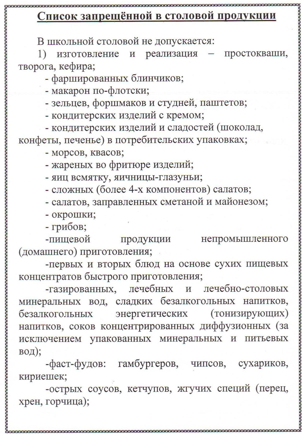 Список запрещённой в столовой продукции.